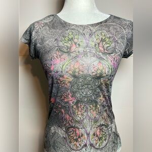 Guess Y2K Baby Tee Rhinestone Graphic Grunge Floral Top